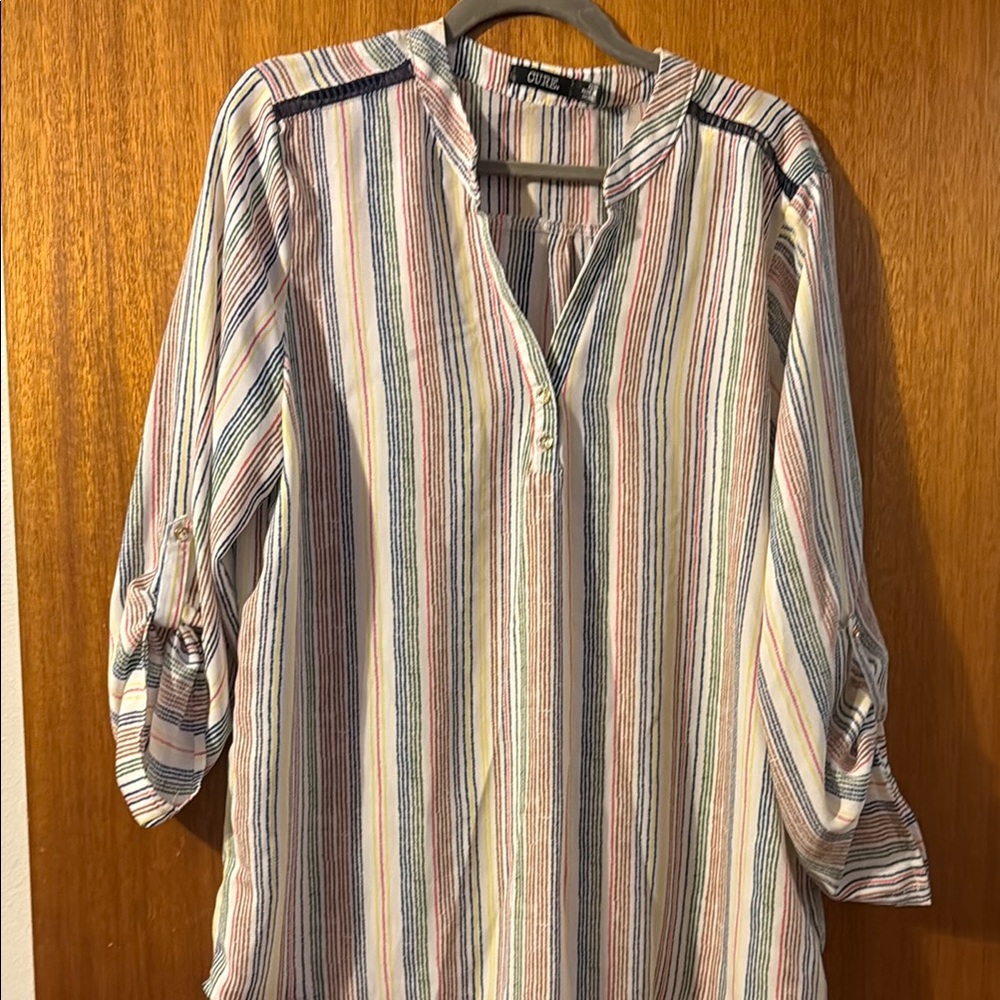 Multi color striped tunic Blouse with button Sleeves XL